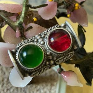 Antique Asian silver red green jade ring